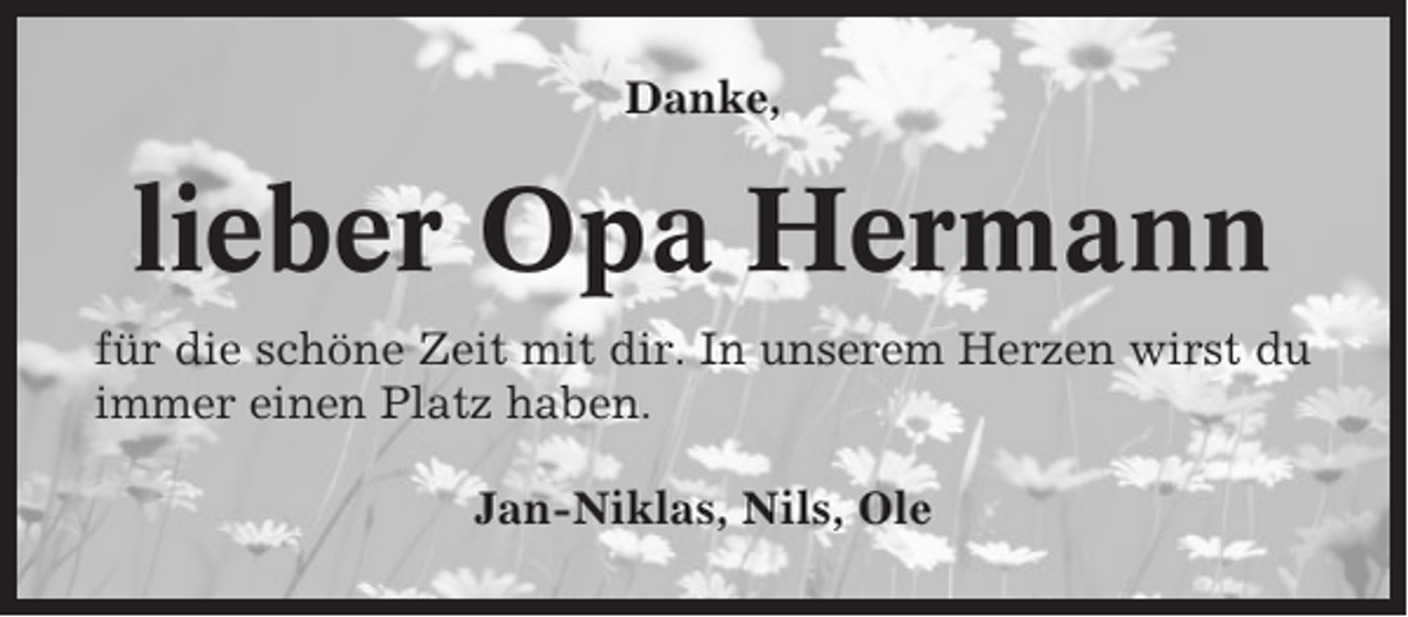 <p>Danke,</p><p>lieber Opa Hermann<br />für die schöne Zeit mit dir. In unserem Herzen wirst du<br />immer einen Platz haben.<br />Jan-Niklas, Nils, Ole</p>