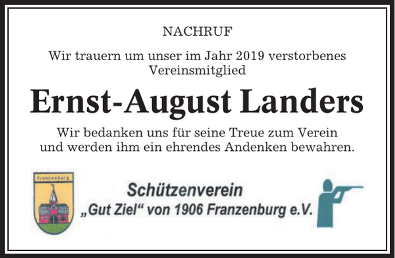 <p>NACHRUF<br />Wir trauern um unser im Jahr 2019 verstorbenes<br />Vereinsmitglied</p><p>Ernst-August Landers<br />Wir bedanken uns für seine Treue zum Verein<br />und werden ihm ein ehrendes Andenken bewahren.</p>