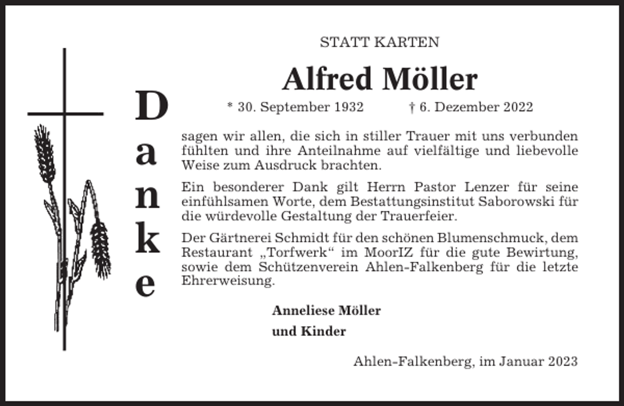 <p>STATT KARTEN</p><p>D<br />a<br />n<br />k<br />e</p><p>Alfred Möller<br />* 30. September 1932</p><p>† 6. Dezember 2022</p><p>sagen wir allen, die sich in stiller Trauer mit uns verbunden<br />fühlten und ihre Anteilnahme auf vielfältige und liebevolle<br />Weise zum Ausdruck brachten.<br />Ein besonderer Dank gilt Herrn Pastor Lenzer für seine<br />einfühlsamen Worte, dem Bestattungsinstitut Saborowski für<br />die würdevolle Gestaltung der Trauerfeier.<br />Der Gärtnerei Schmidt für den schönen Blumenschmuck, dem<br />Restaurant „Torfwerk“ im MoorIZ für die gute Bewirtung,<br />sowie dem Schützenverein Ahlen-Falkenberg für die letzte<br />Ehrerweisung.<br />Anneliese Möller<br />und Kinder<br />Ahlen-Falkenberg, im Januar 2023</p>