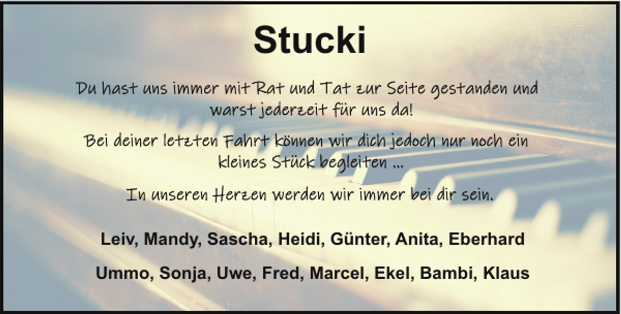 <p>Stucki</p><p>Leiv, Mandy, Sascha, Heidi, Günter, Anita, Eberhard<br />Ummo, Sonja, Uwe, Fred, Marcel, Ekel, Bambi, Klaus</p>