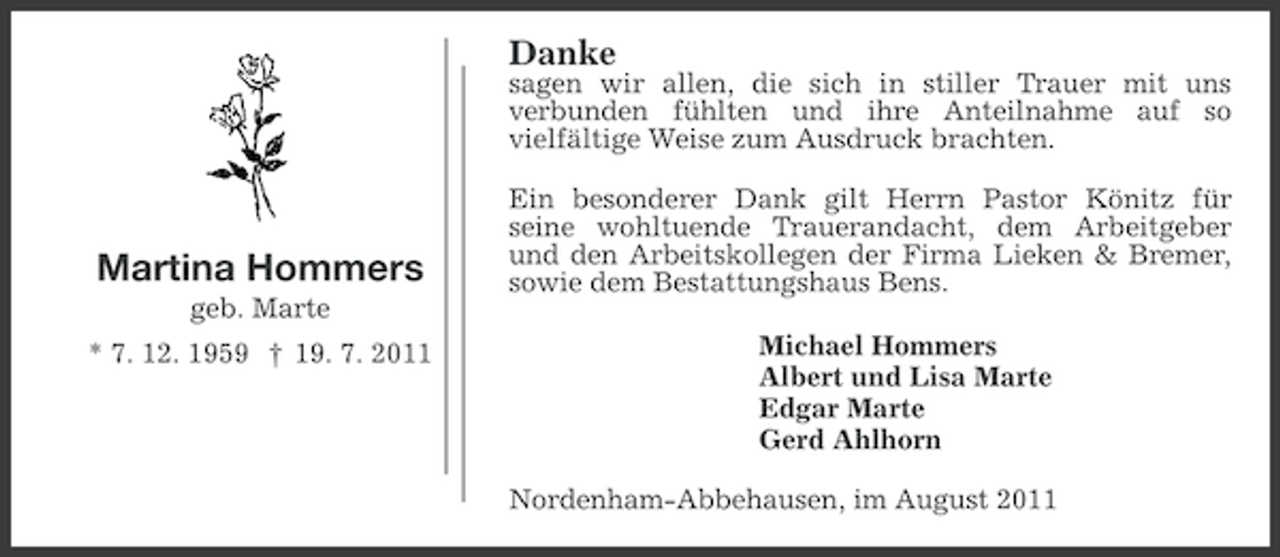 <p>Danke<br />sagen wir allen, die sich in stiller Trauer mit uns<br />verbunden fühlten und ihre Anteilnahme auf so<br />vielfältige Weise zum Ausdruck brachten.</p><p>Martina Hommers<br />geb. Marte<br />* 7. 12. 1959 † 19. 7. 2011</p><p>Ein besonderer Dank gilt Herrn Pastor Könitz für<br />seine wohltuende Trauerandacht, dem Arbeitgeber<br />und den Arbeitskollegen der Firma Lieken &amp; Bremer,<br />sowie dem Bestattungshaus Bens.<br />Michael Hommers<br />Albert und Lisa Marte<br />Edgar Marte<br />Gerd Ahlhorn<br />Nordenham-Abbehausen, im August 2011</p>