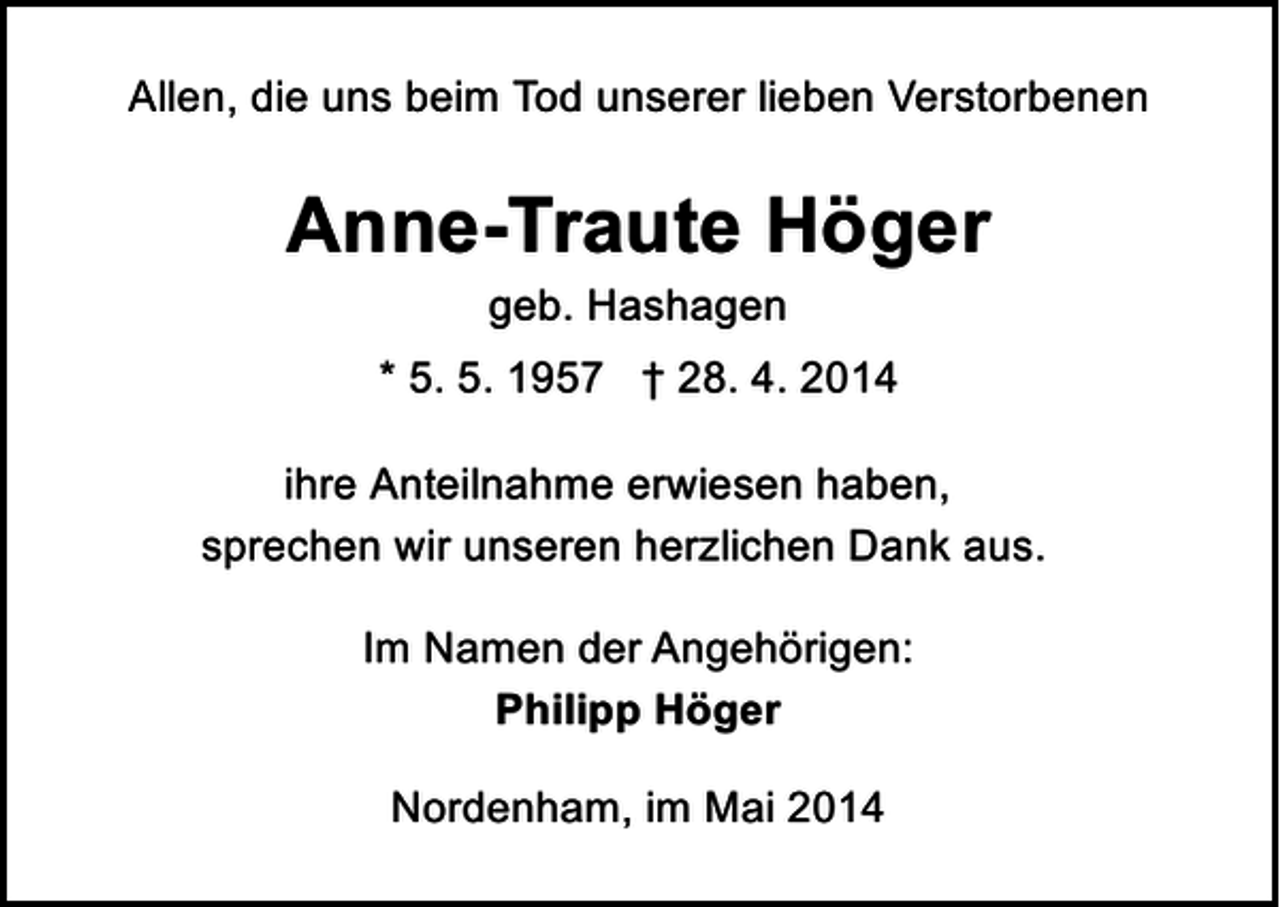 <p>Allen, die uns beim Tod unserer lieben Verstorbenen</p><p>Anne-Traute Höger<br />geb. Hashagen</p><p>* 5. 5. 1957 † 28. 4. 2014<br />ihre Anteilnahme erwiesen haben,<br />sprechen wir unseren herzlichen Dank aus.<br />Im Namen der Angehörigen:<br />Philipp Höger<br />Nordenham, im Mai 2014</p>