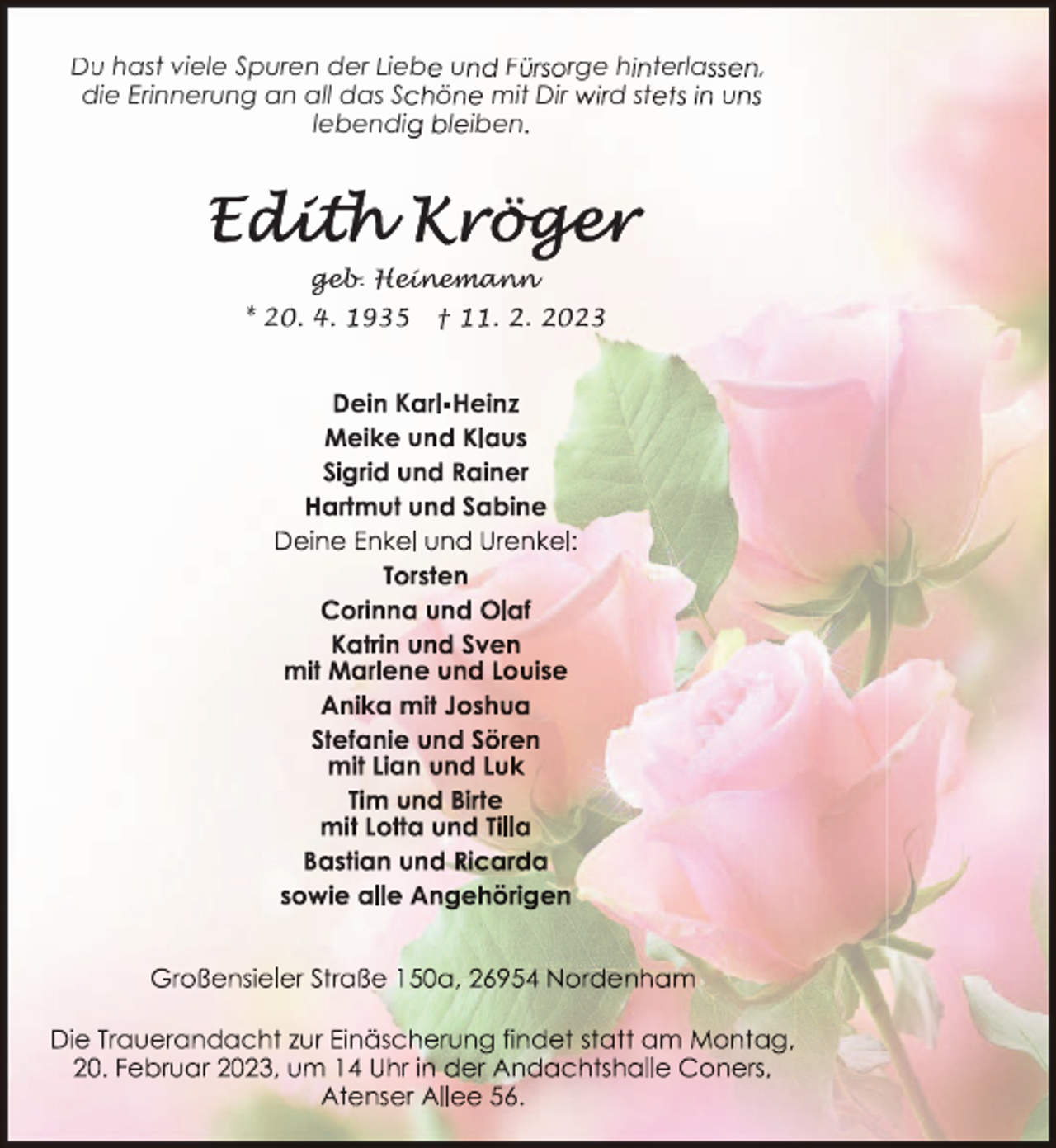 <p>Du hast viele Spuren der Lieb u<br />F<br />rge h terla<br />,<br />die Erinnerung an all das S ö<br />mit Dir<br />d st<br />u<br />lebendi<br />l iben</p><p>eb.</p><p>inema n</p><p>*2</p><p>.</p><p>K<br />u</p>