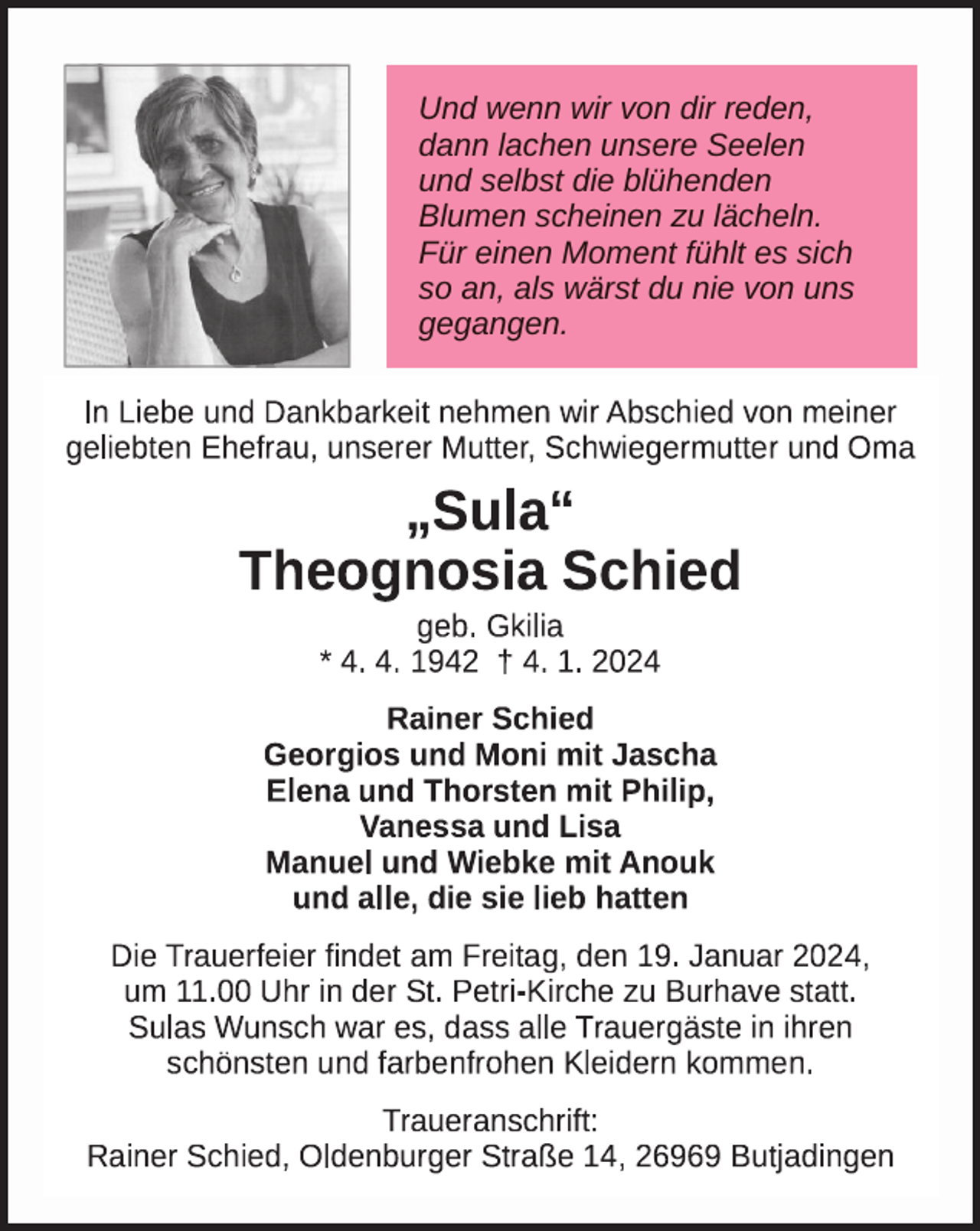 <p>Und wenn wir von dir reden,<br />dann lachen unsere Seelen<br />und selbst die blühenden<br />Blumen scheinen zu lächeln.<br />Für einen Moment fühlt es sich<br />so an, als wärst du nie von uns<br />gegangen.</p>