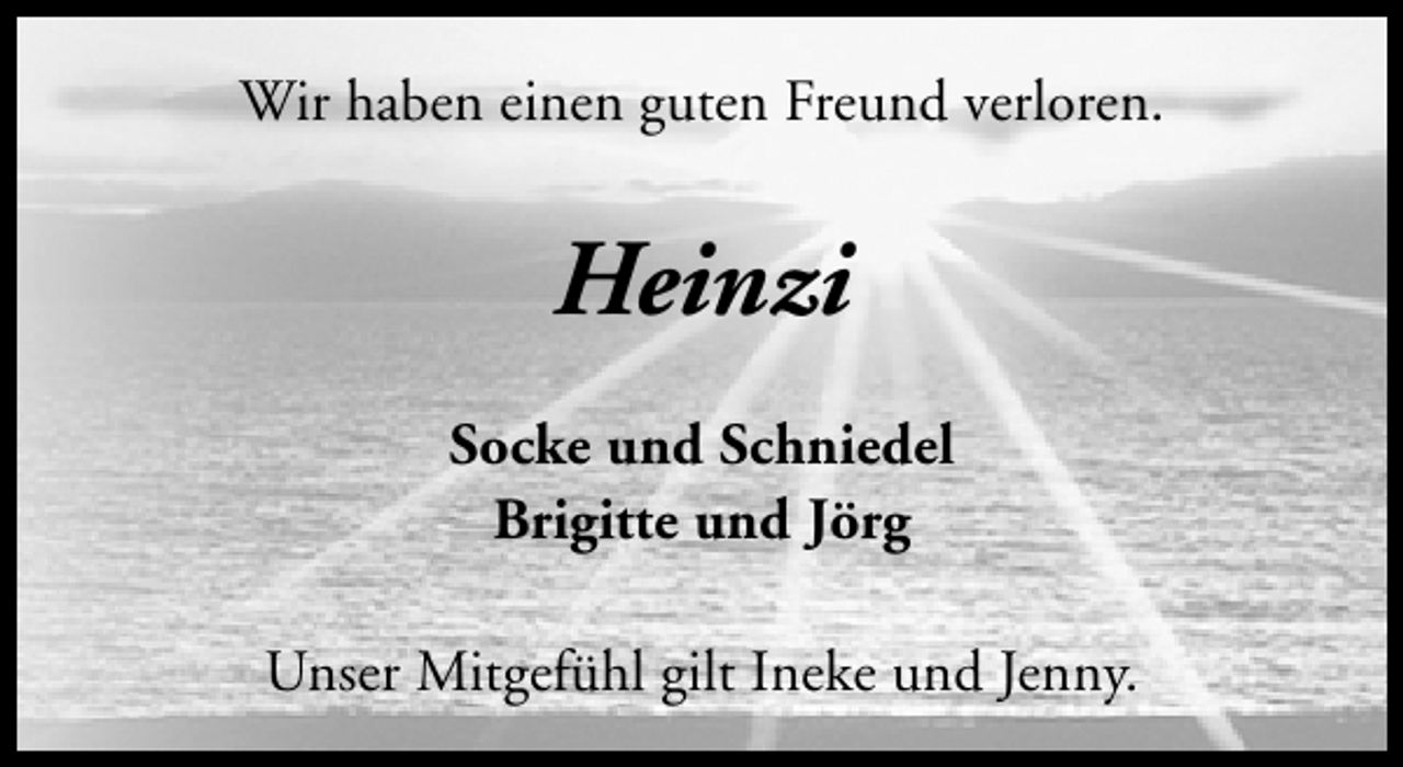 <p>Wir haben einen guten Freund verloren.</p><p>Heinzi<br />Socke und Schniedel<br />Brigitte und Jörg<br />Unser Mitgefühl gilt Ineke und Jenny.</p>