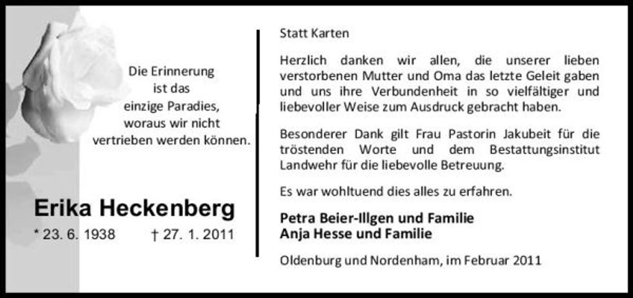 <p>Erika Heckenberg</p>
<p>* 23. 6. 1938 † 27. 1. 2011</p>