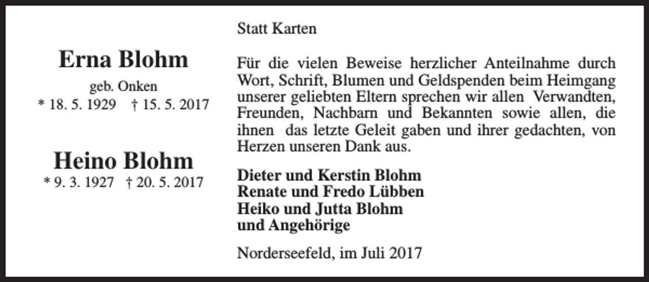 <p>Statt Karten</p><p>Erna Blohm<br />geb. Onken<br />* 18. 5. 1929 † 15. 5. 2017</p><p>Heino Blohm</p><p>* 9. 3. 1927 † 20. 5. 2017</p><p>Für die vielen Beweise herzlicher Anteilnahme durch<br />Wort, Schrift, Blumen und Geldspenden beim Heimgang<br />unserer geliebten Eltern sprechen wir allen Verwandten,<br />Freunden, Nachbarn und Bekannten sowie allen, die<br />ihnen das letzte Geleit gaben und ihrer gedachten, von<br />Herzen unseren Dank aus.<br />Dieter und Kerstin Blohm<br />Renate und Fredo Lübben<br />Heiko und Jutta Blohm<br />und Angehörige<br />Norderseefeld, im Juli 2017</p>
