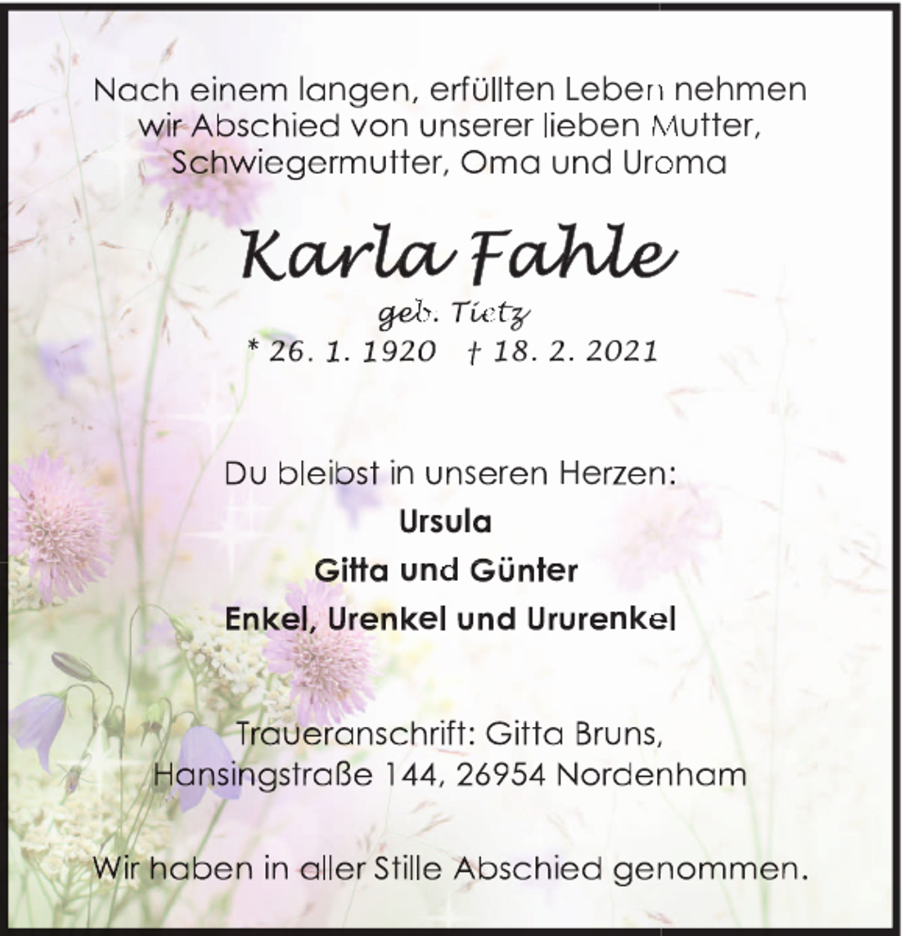 <p>l n e e<br />ten Leben<br />n nehmen<br />n<br />erer ben Mutter,<br />ter,<br />a u d Uro<br />oma</p><p>.</p><p>b. ie<br />etz<br />18.</p><p>n<br />t</p><p>s r<br />rsul<br />und<br />d<br />e</p><p>,</p><p>. 2021</p><p>He<br />e<br />nke<br />,</p>