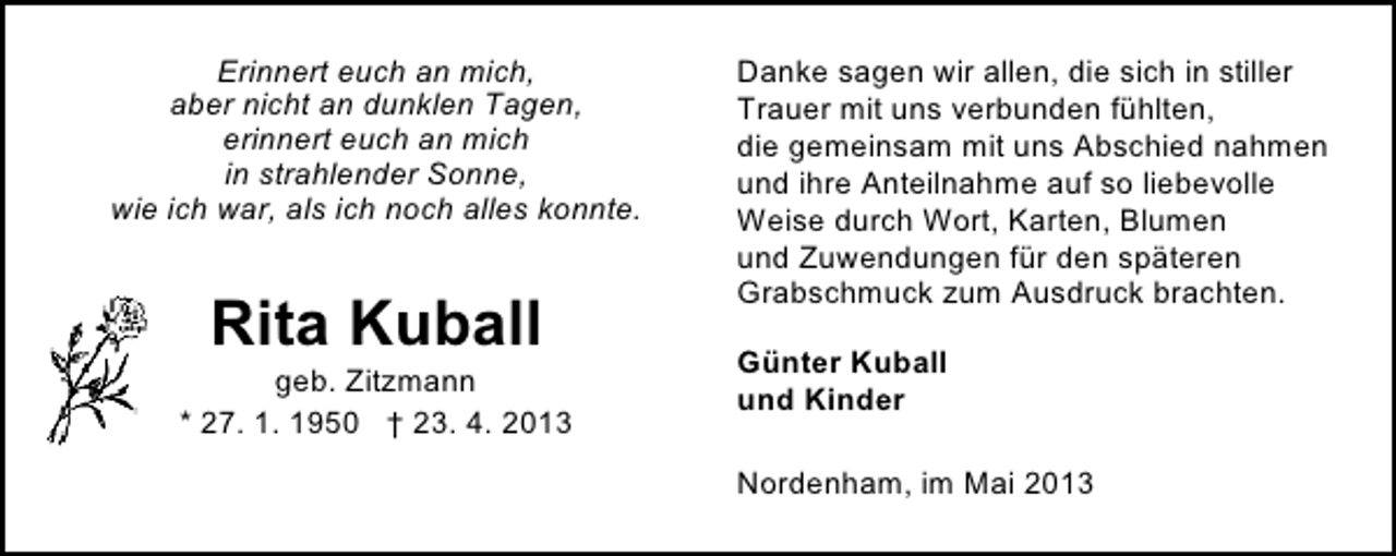 <p>Erinnert euch an mich,<br />aber nicht an dunklen Tagen,<br />erinnert euch an mich<br />in strahlender Sonne,<br />wie ich war, als ich noch alles konnte.</p><p>Rita Kuball</p><p>geb. Zitzmann<br />* 27. 1. 1950 † 23. 4. 2013</p><p>Danke sagen wir allen, die sich in stiller<br />Trauer mit uns verbunden fühlten,<br />die gemeinsam mit uns Abschied nahmen<br />und ihre Anteilnahme auf so liebevolle<br />Weise durch Wort, Karten, Blumen<br />und Zuwendungen für den späteren<br />Grabschmuck zum Ausdruck brachten.<br />Günter Kuball<br />und Kinder<br />Nordenham, im Mai 2013</p>