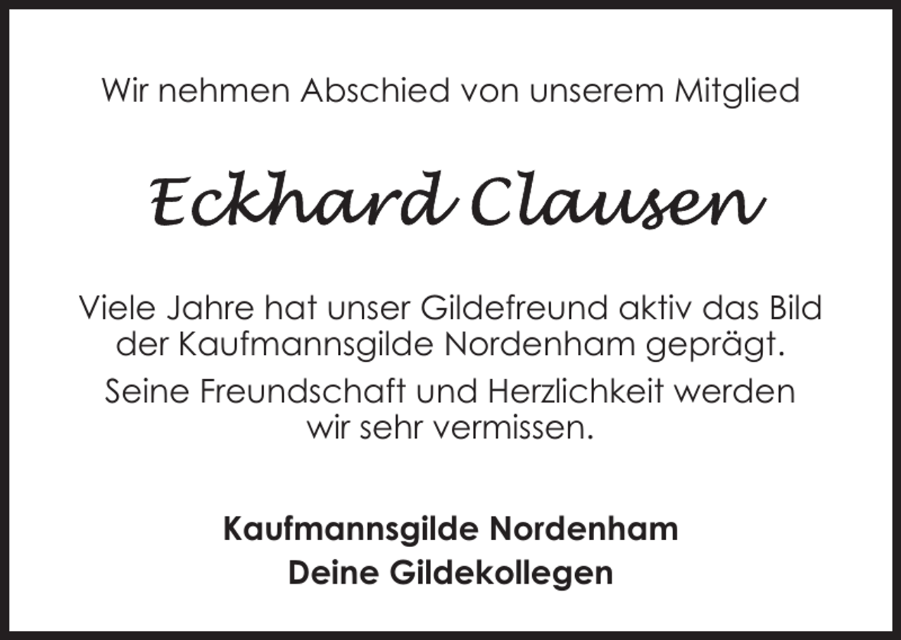 <p>Wir nehmen Abschied von unserem Mitglied</p>
<p>Viele Jahre hat unser Gildefreund aktiv das Bild<br />der Kaufmannsgilde Nordenham geprägt.<br />Seine Freundschaft und Herzlichkeit werden<br />wir sehr vermissen.<br />Kaufmannsgilde Nordenham<br />Deine Gildekollegen</p>
