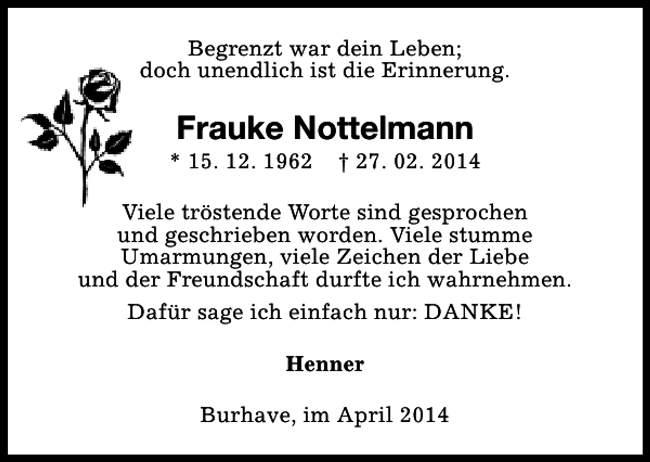 <p>Begrenzt war dein Leben;<br />doch unendlich ist die Erinnerung.</p><p>Frauke Nottelmann</p><p>* 15. 12. 1962</p><p>† 27. 02. 2014</p><p>Viele tröstende Worte sind gesprochen<br />und geschrieben worden. Viele stumme<br />Umarmungen, viele Zeichen der Liebe<br />und der Freundschaft durfte ich wahrnehmen.<br />Dafür sage ich einfach nur: DANKE!<br />Henner<br />Burhave, im April 2014</p>