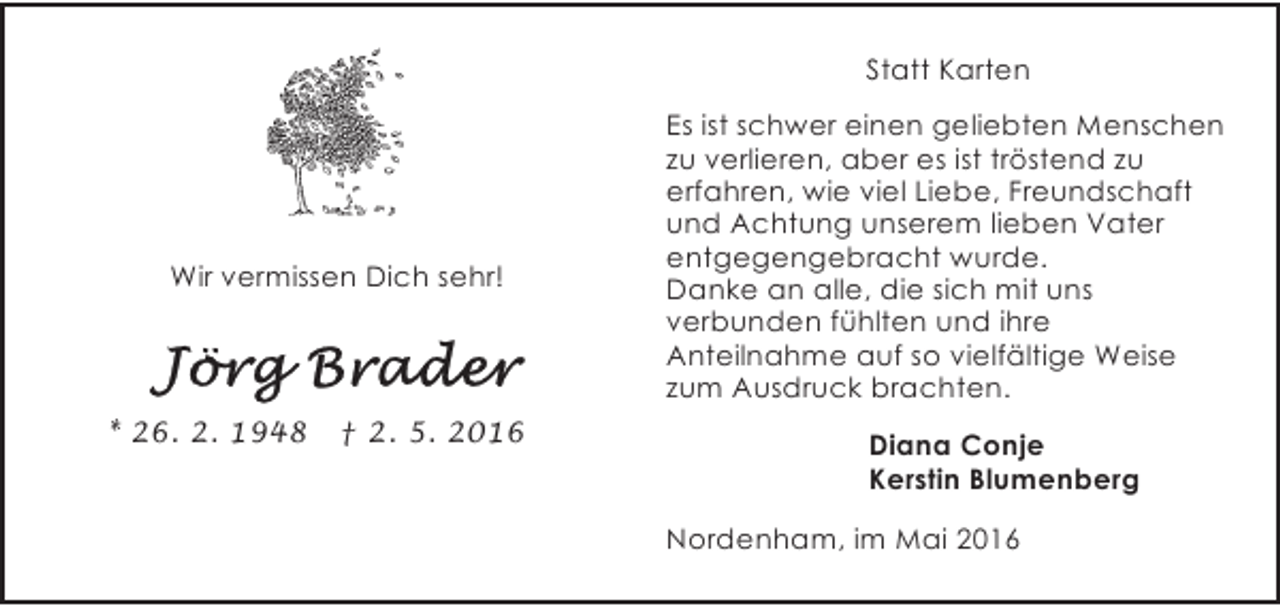 <p>Statt Karten</p><p>Wir vermissen Dich sehr!</p><p>* 26. 2. 1948</p><p>† 2. 5. 2016</p><p>Es ist schwer einen geliebten Menschen<br />zu verlieren, aber es ist tröstend zu<br />erfahren, wie viel Liebe, Freundschaft<br />und Achtung unserem lieben Vater<br />entgegengebracht wurde.<br />Danke an alle, die sich mit uns<br />verbunden fühlten und ihre<br />Anteilnahme auf so vielfältige Weise<br />zum Ausdruck brachten.<br />Diana Conje<br />Kerstin Blumenberg<br />Nordenham, im Mai 2016</p>