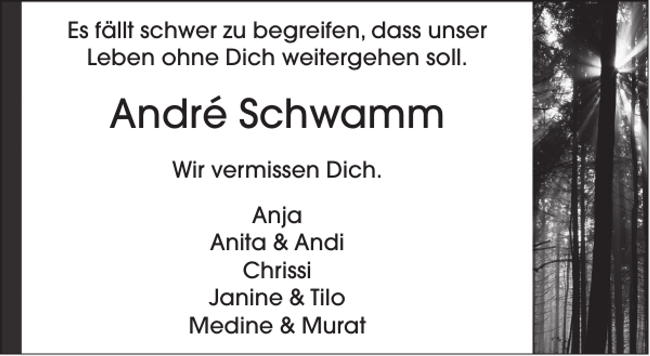 <p>Es fällt schwer zu begreifen, dass unser<br />Leben ohne Dich weitergehen soll.</p><p>André Schwamm<br />Wir vermissen Dich.<br />Anja<br />Anita &amp; Andi<br />Chrissi<br />Janine &amp; Tilo<br />Medine &amp; Murat</p>