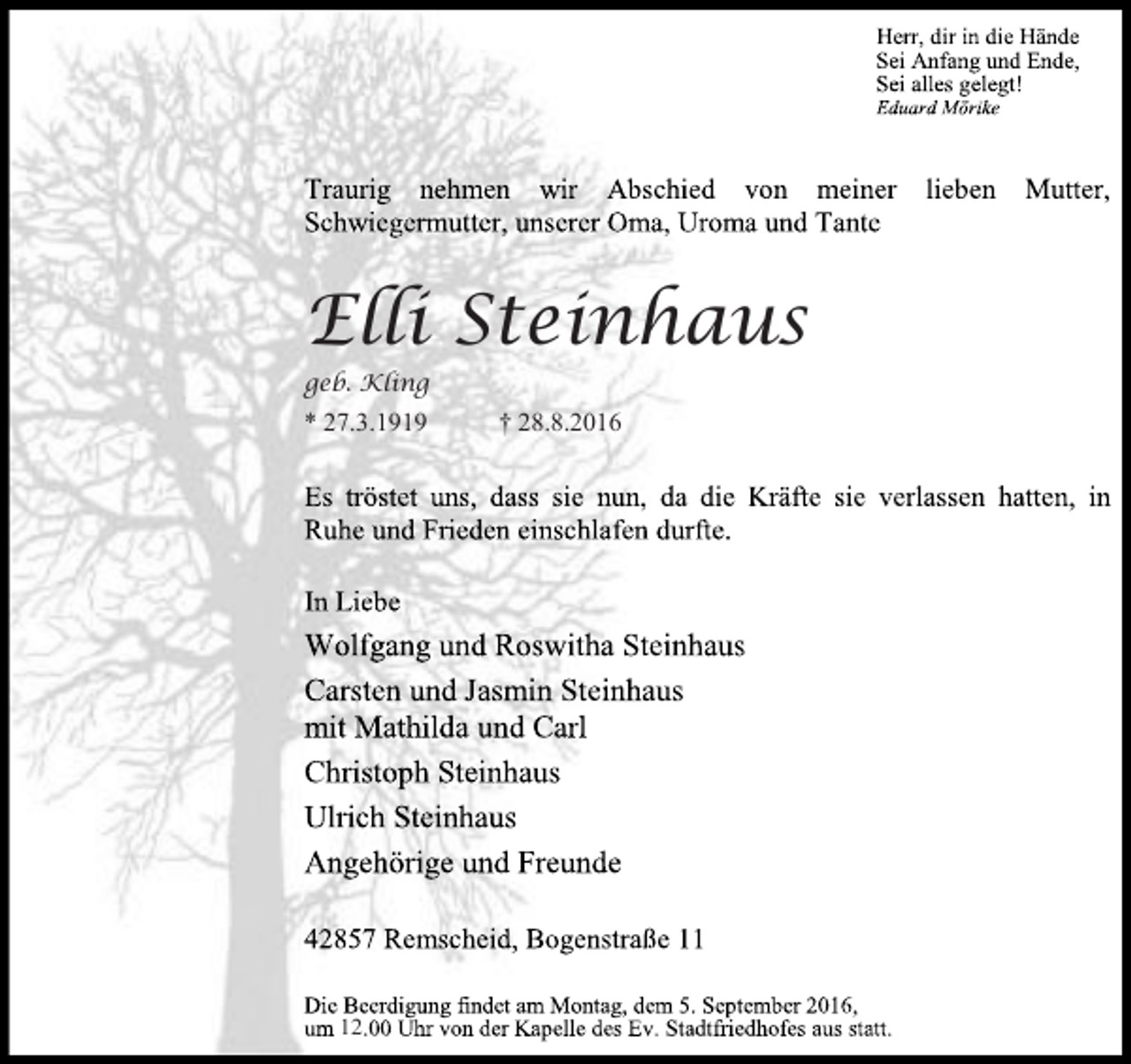 <p>Elli Steinhaus</p><p>geb. Kling</p><p>* 27.3.1919</p><p>12</p><p>† 28.8.2016</p>