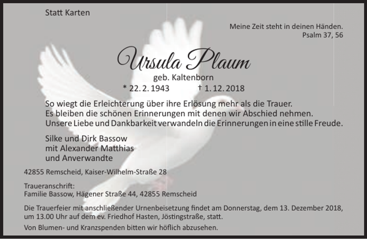 <p>Statt Karten<br />Meine Zeit steht in deinen Händen.<br />Psalm 37, 56</p><p>Ursula Plaum<br />geb. Kaltenborn<br />* 22. 2. 1943<br />† 1. 12. 2018</p><p>So wiegt die Erleichterung über ihre Erlösung mehr als die Trauer.<br />Es bleiben die schönen Erinnerungen mit denen wir Abschied nehmen.<br />Unsere Liebe und Dankbarkeit verwandeln die Erinnerungen in eine stille Freude.<br />Silke und Dirk Bassow<br />mit Alexander Matthias<br />und Anverwandte<br />42855 Remscheid, Kaiser-Wilhelm-Straße 28<br />Traueranschrift:<br />Familie Bassow, Hägener Straße 44, 42855 Remscheid<br />Die Trauerfeier mit anschließender Urnenbeisetzung ﬁndet am Donnerstag, dem 13. Dezember 2018,<br />um 13.00 Uhr auf dem ev. Friedhof Hasten, Jöstingstraße, statt.<br />Von Blumen- und Kranzspenden bitten wir höﬂich abzusehen.</p>