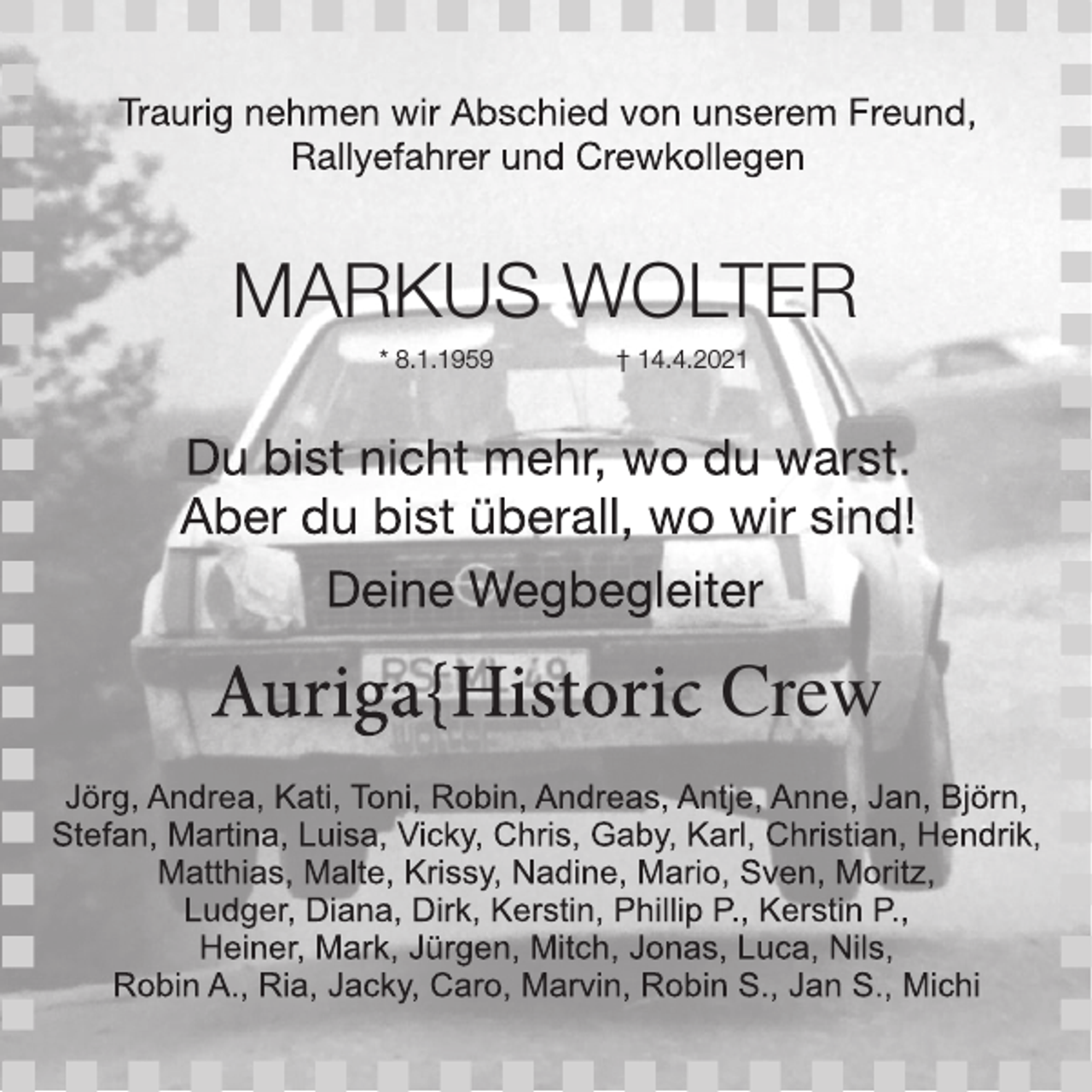 <p>MARKUS WOLTER<br />* 8.1.1959</p><p>† 14.4.2021</p><p>Crew</p>