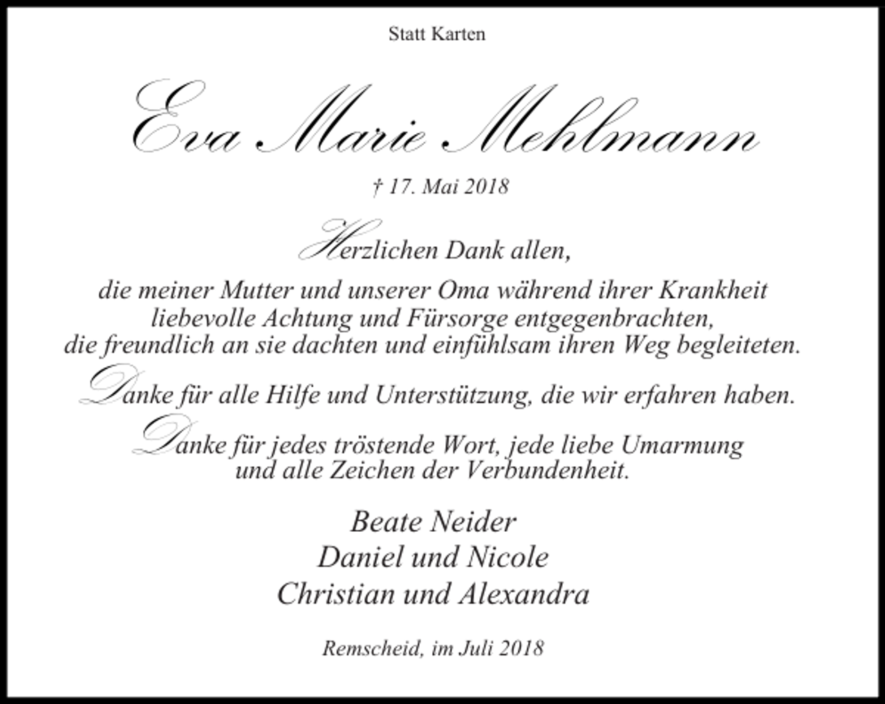 <p>Statt Karten</p><p>Eva Marie Mehlmann<br />i<br />i</p><p>i</p><p>i</p><p>H</p><p>M<br />i</p><p>Da<br />Da</p><p>a<br />a</p><p>† 17. Mai 2018</p><p>i</p><p>i</p><p>a</p><p>a</p><p>a</p><p>a</p><p>i</p><p>i<br />a i</p><p>i<br />a</p><p>i</p><p>a i<br />i ia</p><p>i<br />i</p><p>i</p><p>a</p><p>i</p><p>i</p><p>i</p><p>i</p><p>a</p><p>i 2018</p><p>a</p><p>a</p><p>a<br />a<br />i.</p><p>a</p><p>i<br />i</p><p>.</p><p>a</p><p>.</p>
