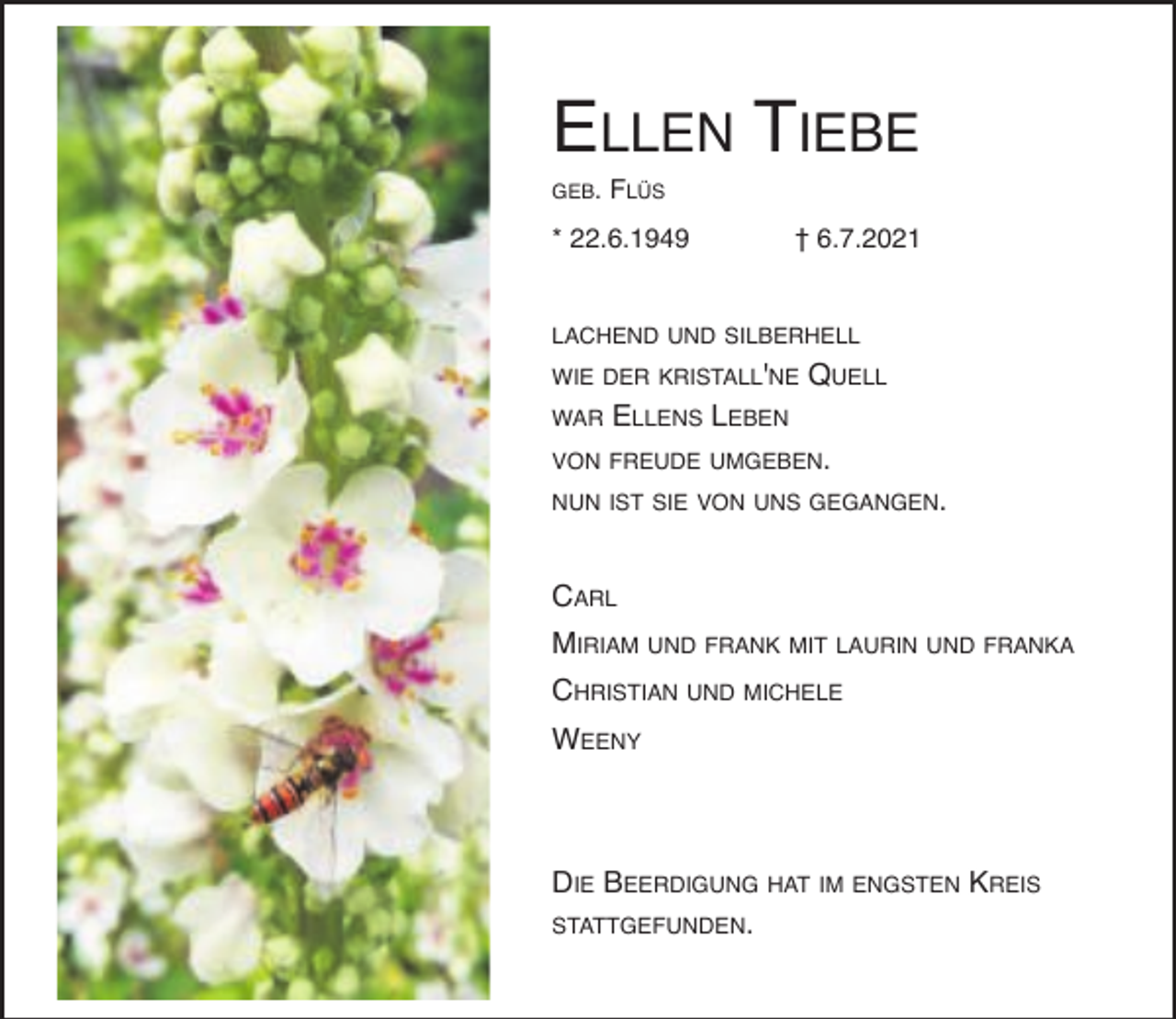 <p>ELLEN TIEBE<br />GEB.</p><p>FLÜS</p><p>* 22.6.1949</p><p>† 6.7.2021</p><p>LACHEND UND SILBERHELL<br />WIE DER KRISTALL'NE<br />WAR</p><p>QUELL</p><p>ELLENS LEBEN</p><p>VON FREUDE UMGEBEN.<br />NUN IST SIE VON UNS GEGANGEN.</p><p>CARL<br />MIRIAM UND FRANK MIT LAURIN UND FRANKA<br />CHRISTIAN UND MICHELE<br />WEENY</p><p>DIE BEERDIGUNG HAT IM ENGSTEN KREIS<br />STATTGEFUNDEN.</p>