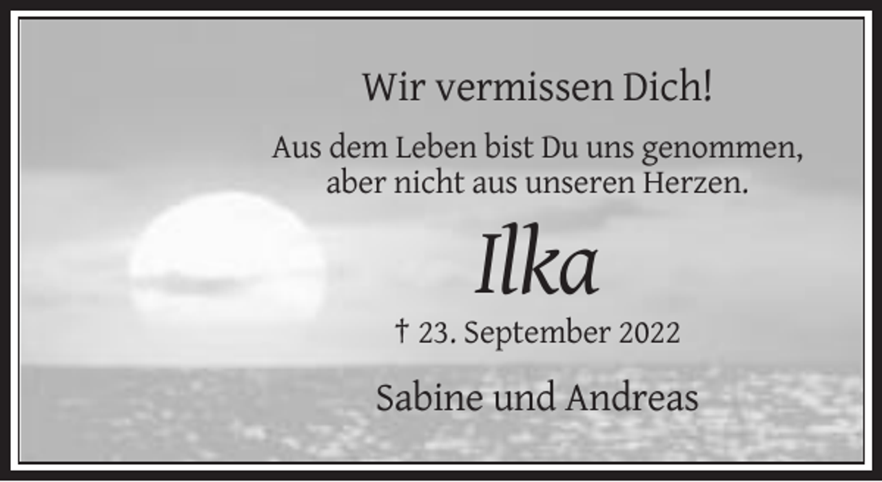 <p>Wir vermissen Dich!<br />Aus dem Leben bist Du uns genommen,<br />aber nicht aus unseren Herzen.</p><p>Ilka<br />† 23. September 2022</p><p>Sabine und Andreas</p>