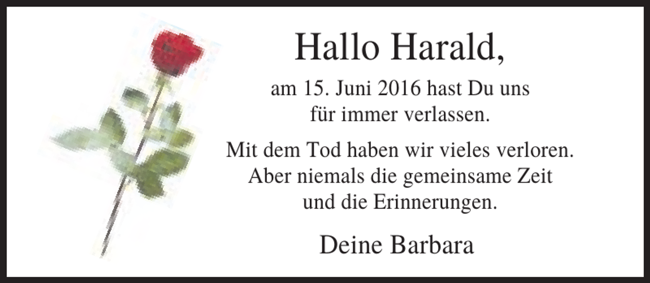 <p>Hallo Harald,<br />am 15. Juni 2016 hast Du uns<br />für immer verlassen.<br />Mit dem Tod haben wir vieles verloren.<br />Aber niemals die gemeinsame Zeit<br />und die Erinnerungen.</p><p>Deine Barbara</p>