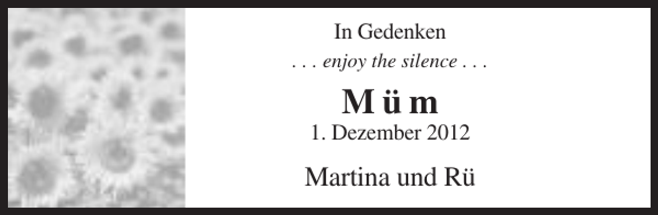 <p>In Gedenken<br />. . . enjoy the silence . . .</p><p>Müm<br />1. Dezember 2012</p><p>Martina und Rü</p>