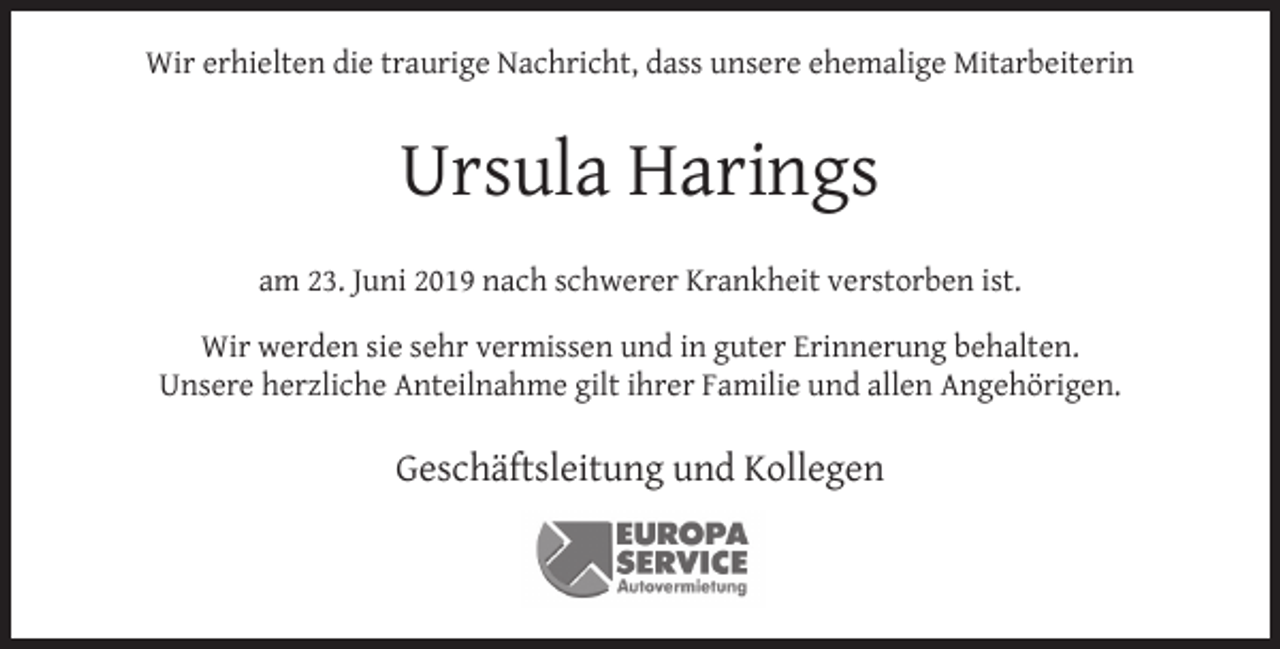 <p>Wir erhielten die traurige Nachricht, dass unsere ehemalige Mitarbeiterin</p><p>Ursula Harings<br />am 23. Juni 2019 nach schwerer Krankheit verstorben ist.<br />Wir werden sie sehr vermissen und in guter Erinnerung behalten.<br />Unsere herzliche Anteilnahme gilt ihrer Familie und allen Angehörigen.</p><p>Geschäftsleitung und Kollegen</p>
