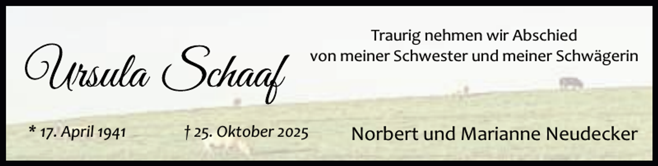 <p>Traurig nehmen wir Abschied<br />von meiner Schwester und meiner Schwägerin</p><p>* 17. April 1941</p><p>† 25. Oktober 2025</p><p>Norbert und Marianne Neudecker</p>