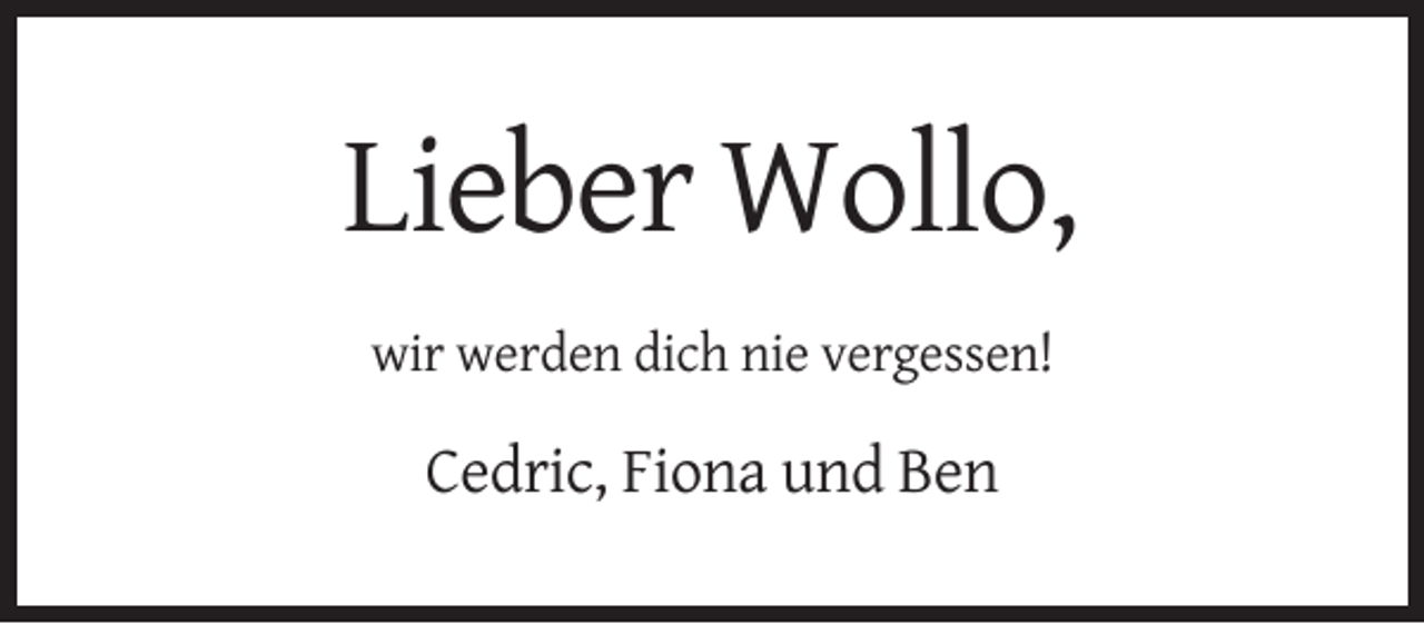 <p>Lieber Wollo,<br />wir werden dich nie vergessen!</p><p>Cedric, Fiona und Ben</p>