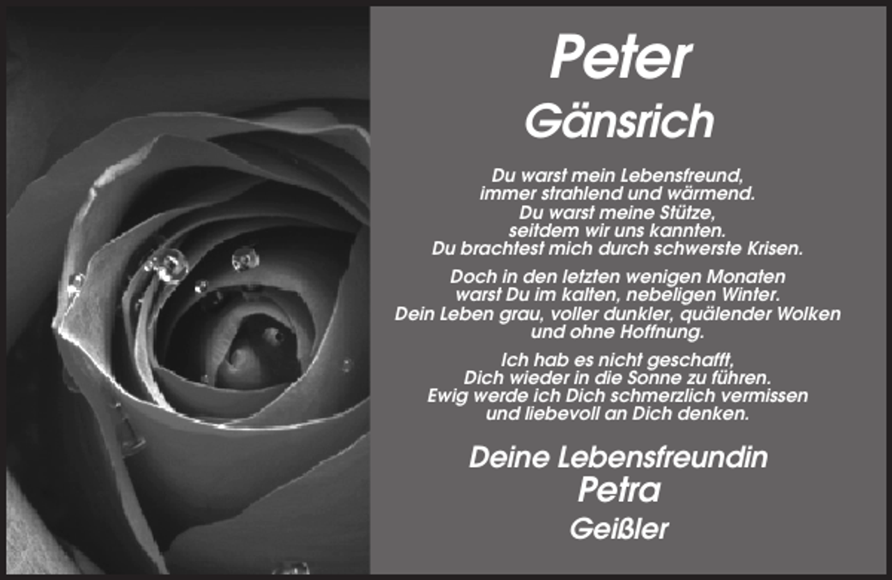 <p>Peter<br />Gänsrich<br />Du warst mein Lebensfreund,<br />immer strahlend und wärmend.<br />Du warst meine Stütze,<br />seitdem wir uns kannten.<br />Du brachtest mich durch schwerste Krisen.<br />Doch in den letzten wenigen Monaten<br />warst Du im kalten, nebeligen Winter.<br />Dein Leben grau, voller dunkler, quälender Wolken<br />und ohne Hoffnung.<br />Ich hab es nicht geschafft,<br />Dich wieder in die Sonne zu führen.<br />Ewig werde ich Dich schmerzlich vermissen<br />und liebevoll an Dich denken.</p><p>Deine Lebensfreundin</p><p>Petra<br />Geißler</p>