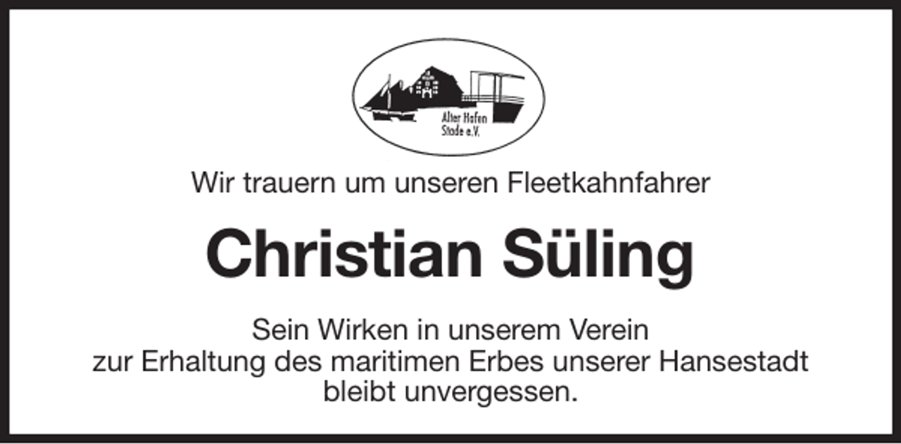 <p>Wir trauern um unseren Fleetkahnfahrer<br />Christian Süling<br />Sein Wirken in unserem Verein<br />zur Erhaltung des maritimen Erbes unserer Hansestadt<br />bleibt unvergessen.</p>