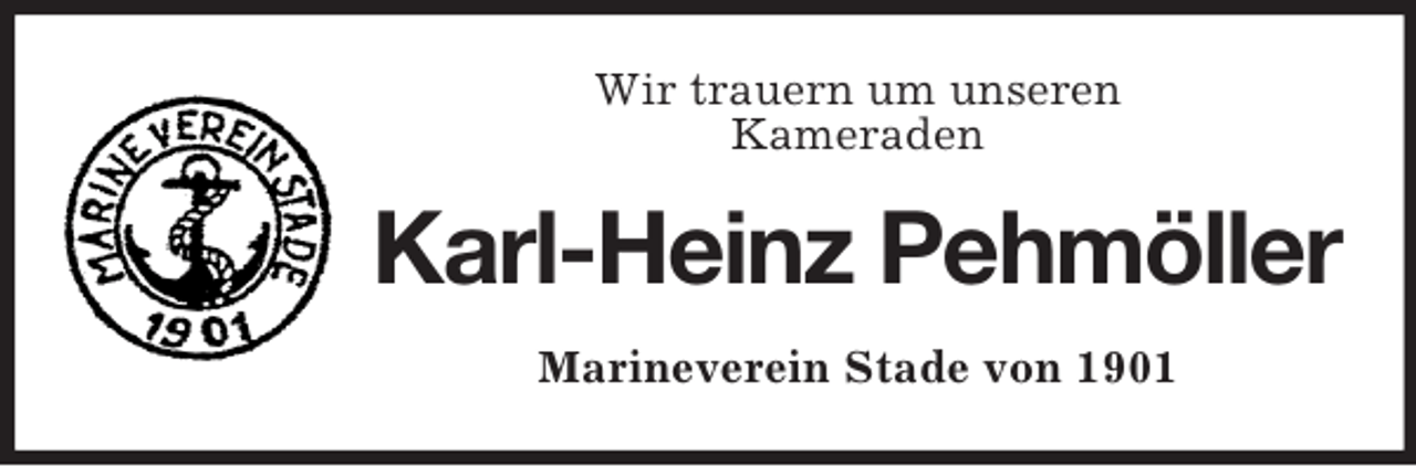 <p>Wir trauern um unseren<br />Kameraden</p><p>Karl-Heinz Pehmöller<br />Marineverein Stade von 1901</p>