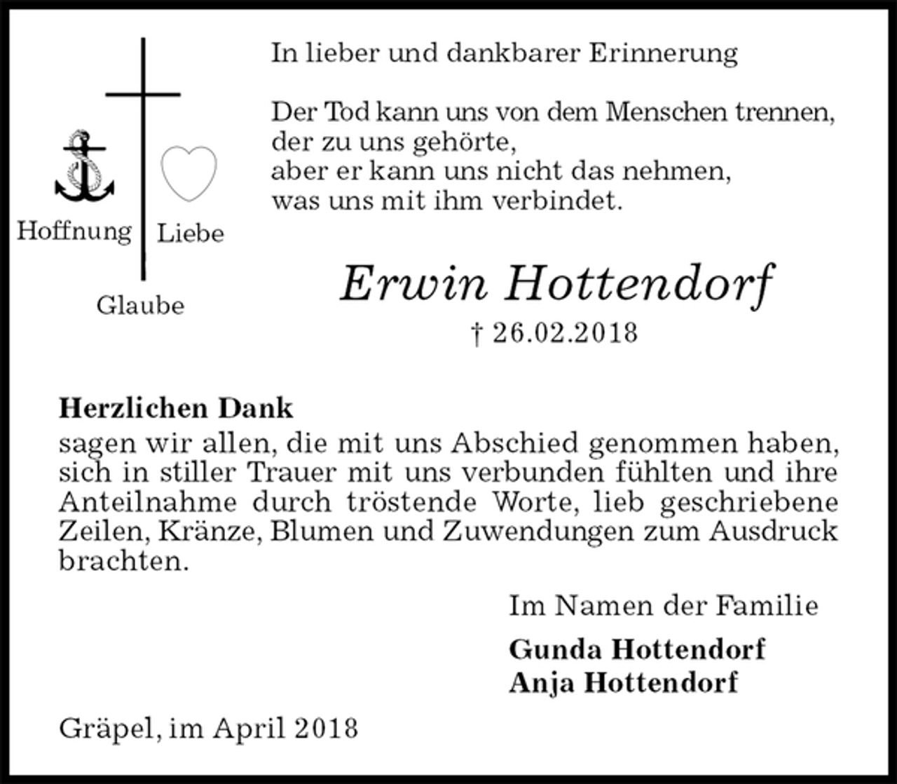 <p>In lieber und dankbarer Erinnerung</p>
<p>Der Tod kann uns von dem Menschen trennen,<br />der zu uns gehörte,<br />aber er kann uns nicht das nehmen,<br />was uns mit ihm verbindet.<br />Erwin Hottendorf<br />† 26.02.2018</p>
<p>Herzlichen Dank<br />sagen wir allen, die mit uns Abschied genommen haben, sich in stiller Trauer mit uns verbunden fühlten und ihre<br />Anteilnahme durch tröstende Worte, lieb geschriebene Zeilen, Kränze, Blumen und Zuwendungen zum Ausdruck<br />brachten.<br />Im Namen der Familie<br />Gunda Hottendorf<br />Anja Hottendorf<br />Gräpel, im April 2018<br />Hoffnung<br />Liebe<br />Glaube</p>