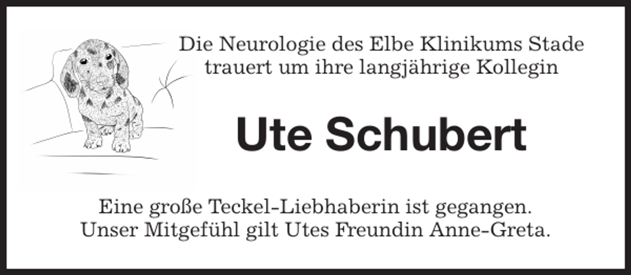 <p>Die Neurologie des Elbe Klinikums Stade<br />trauert um ihre langjährige Kollegin<br />Ute Schubert<br />Eine große Teckel-Liebhaberin ist gegangen.<br />Unser Mitgefühl gilt Utes Freundin Anne-Greta.</p>