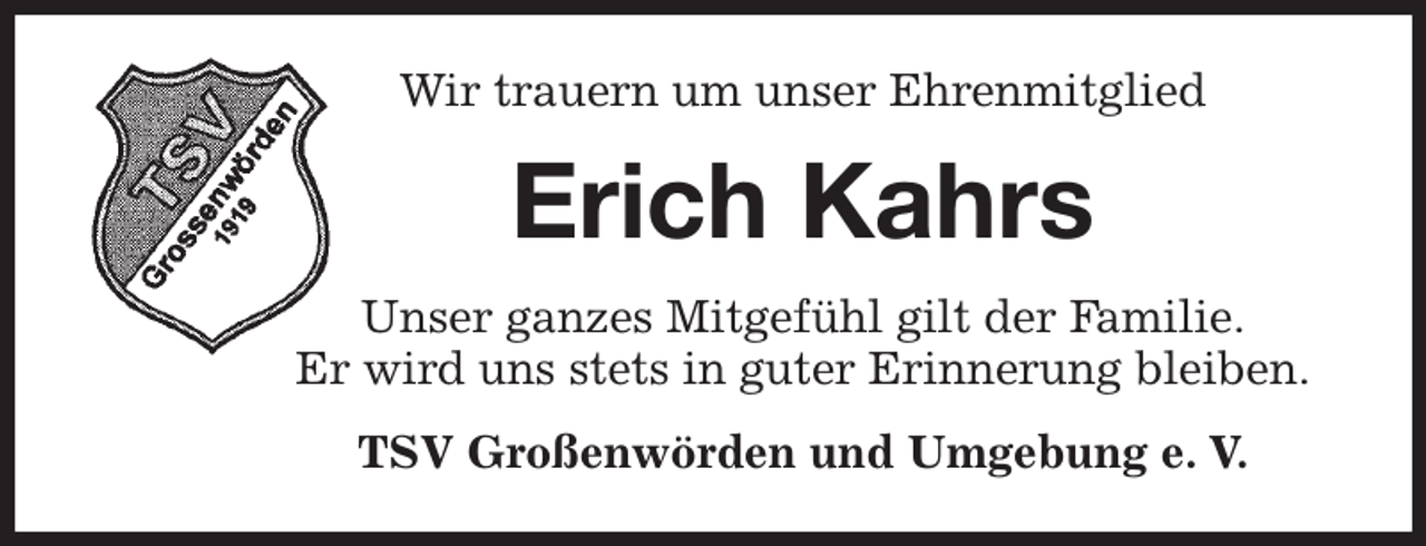 <p>Wir trauern um unser Ehrenmitglied<br />Erich Kahrs<br />Unser ganzes Mitgefühl gilt der Familie.<br />Er wird uns stets in guter Erinnerung bleiben.<br />TSV Großenwörden und Umgebung e. V.</p>