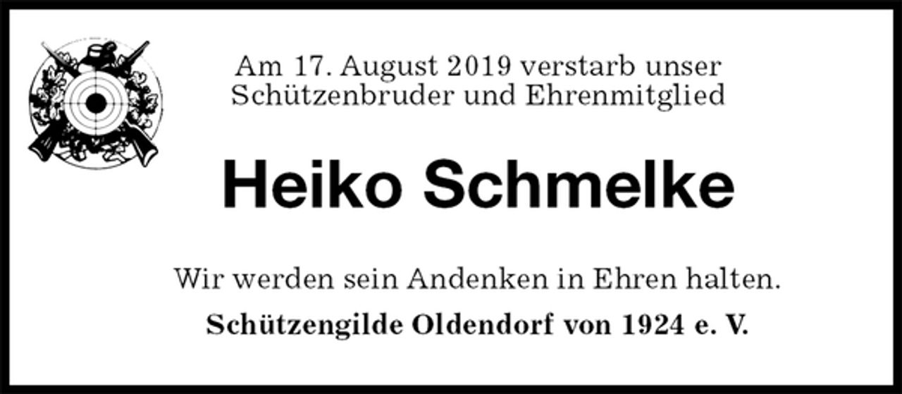 <p>Am 17. August 2019 verstarb unser<br />Schützenbruder und Ehrenmitglied<br />Heiko Schmelke<br />Wir werden sein Andenken in Ehren halten.<br />Schützengilde Oldendorf von 1924 e. V.</p>