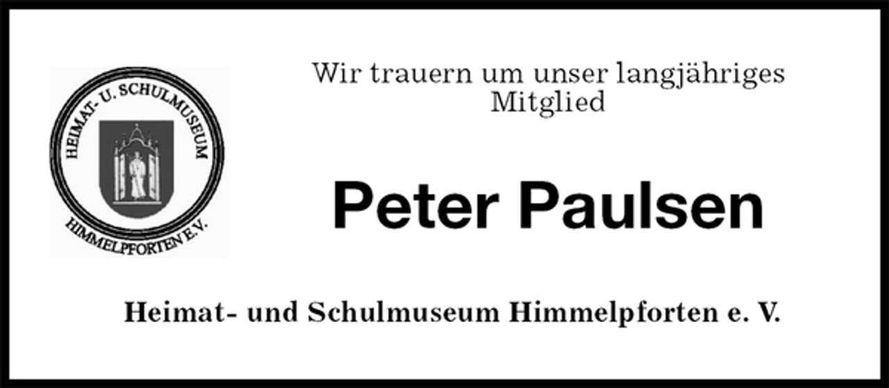 <p>Wir trauern um unser langjähriges<br />Mitglied<br />Peter Paulsen<br />Heimat- und Schulmuseum Himmelpforten e. V.</p>