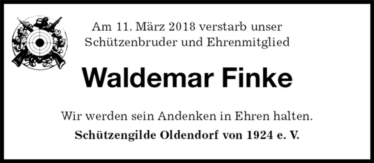 <p>Am 11. März 2018 verstarb unser<br />Schützenbruder und Ehrenmitglied<br />Waldemar Finke<br />Wir werden sein Andenken in Ehren halten.<br />Schützengilde Oldendorf von 1924 e. V.</p>