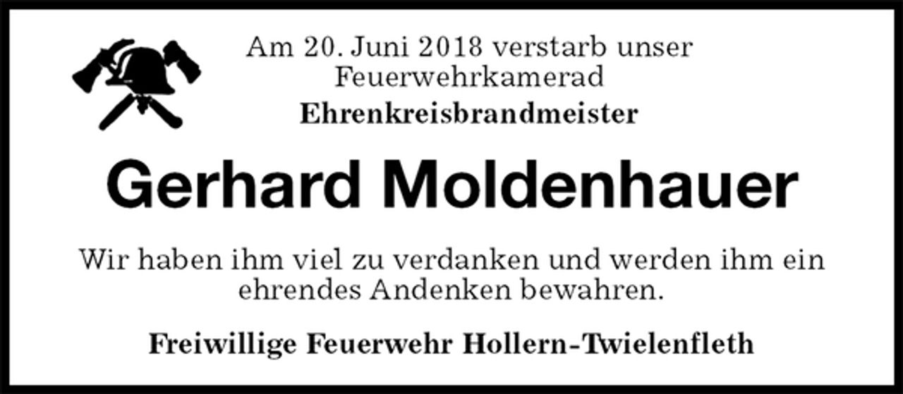 <p>Am 20. Juni 2018 verstarb unser Feuerwehrkamerad<br />Ehrenkreisbrandmeister<br />Gerhard Moldenhauer<br />Wir haben ihm viel zu verdanken und werden ihm ein ehrendes Andenken bewahren.<br />Freiwillige Feuerwehr Hollern-Twielenfleth</p>