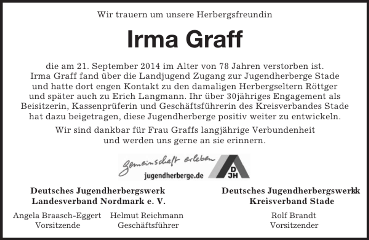 <p>Wir trauern um unsere Herbergsfreundin<br />Irma Graff<br />die am 21. September 2014 im Alter von 78 Jahren verstorben ist.<br />Irma Graff fand über die Landjugend Zugang zur Jugendherberge Stade<br />und hatte dort engen Kontakt zu den damaligen Herbergseltern Röttger<br />und später auch zu Erich Langmann. Ihr über 30jähriges Engagement als<br />Beisitzerin, Kassenprüferin und Geschäftsführerin des Kreisverbandes Stade<br />hat dazu beigetragen, diese Jugendherberge positiv weiter zu entwickeln.<br />Wir sind dankbar für Frau Graffs langjährige Verbundenheit<br />und werden uns gerne an sie erinnern.</p><p>Deutsches Jugendherbergswerk Deutsches Jugendherbergswerkrk<br />Landesverband Nordmark e. V. Kreisverband Stade<br />Angela Braasch-Eggert Helmut Reichmann Rolf Brandt<br />Vorsitzende Geschäftsführer Vorsitzender</p>