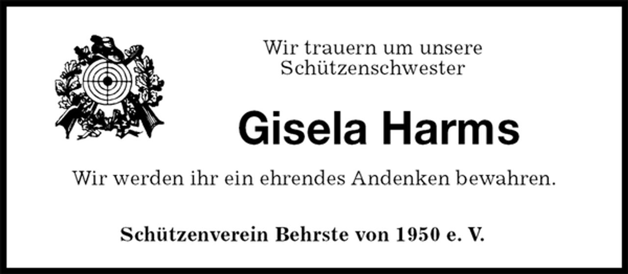 <p>Wir trauern um unsere<br />Schützenschwester<br />Gisela Harms<br />Schützenverein Behrste von 1950 e. V.<br />Wir werden ihr ein ehrendes Andenken bewahren.</p>