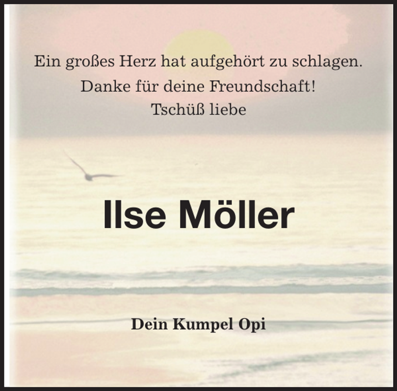 <p>Ein großes Herz hat aufgehört zu schlagen.</p>
<p>Danke für deine Freundschaft!<br />Tschüß liebe<br />Ilse Möller<br />Dein Kumpel Opi</p>