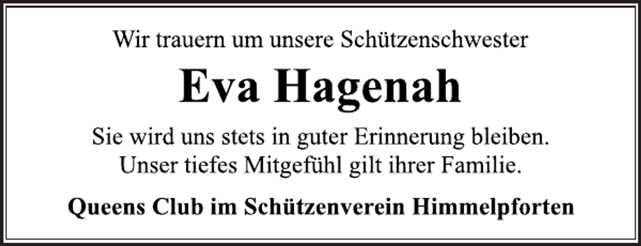 <p>Wir trauern um unsere Schützenschwester<br />Eva Hagenah<br />Sie wird uns stets in guter Erinnerung bleiben.<br />Unser tiefes Mitgefühl gilt ihrer Familie.<br />Queens Club im Schützenverein Himmelpforten</p>