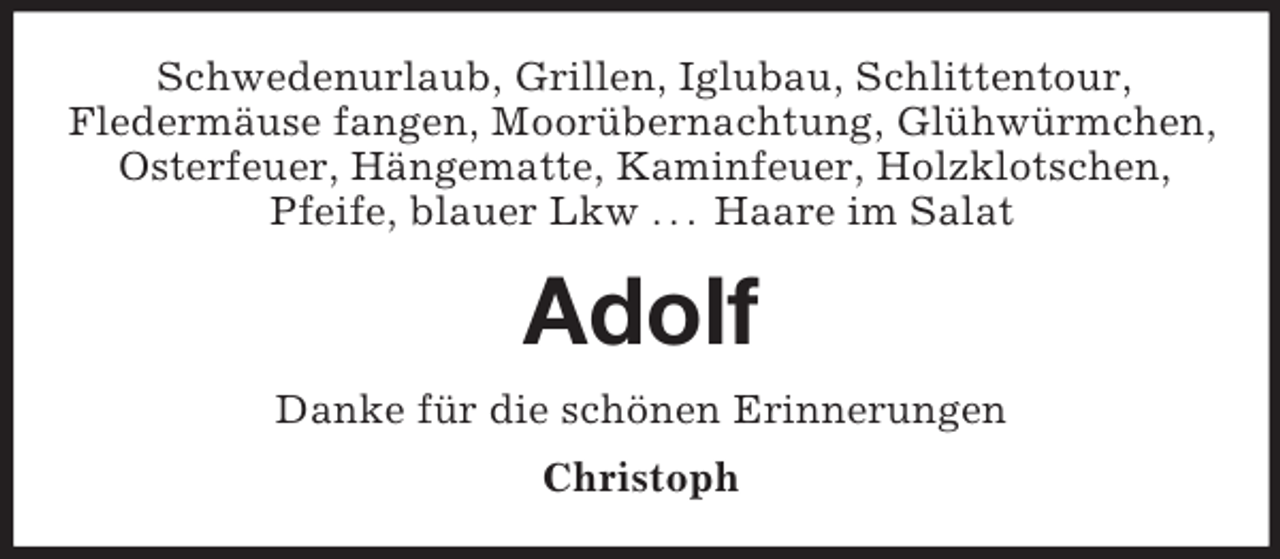 <p>Schwedenurlaub, Grillen, Iglubau, Schlittentour,<br />Fledermäuse fangen, Moorübernachtung, Glühwürmchen,<br />Osterfeuer, Hängematte, Kaminfeuer, Holzklotschen,<br />Pfeife, blauer Lkw . . . Haare im Salat<br />Adolf<br />Danke für die schönen Erinnerungen<br />Christoph</p>