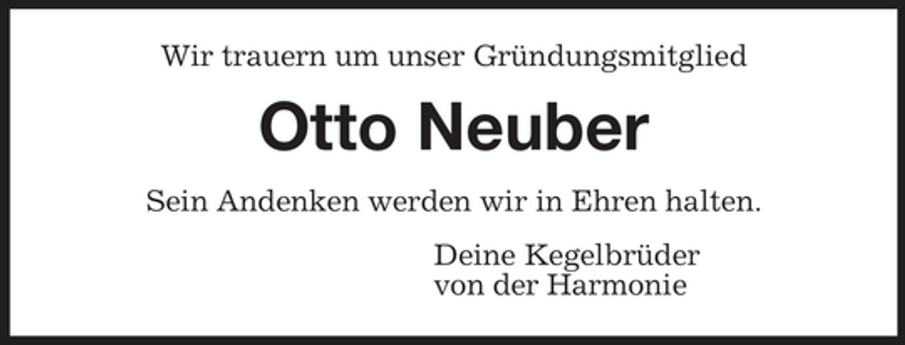 <p>Wir trauern um unser Gründungsmitglied<br />Otto Neuber<br />Sein Andenken werden wir in Ehren halten.<br />Deine Kegelbrüder<br />von der Harmonie</p>