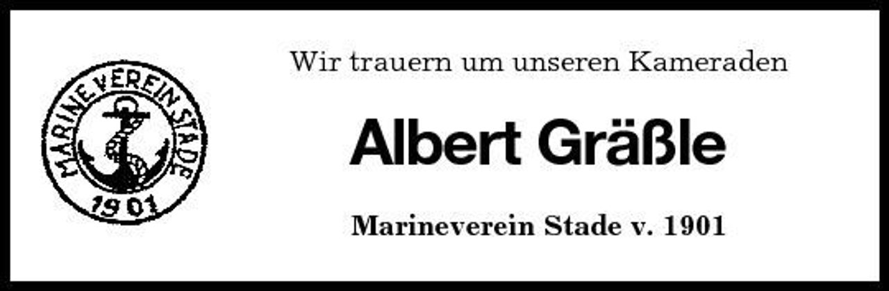 <p>Wir trauern um unseren Kameraden</p><p>Albert Gräßle<br />Marineverein Stade v. 1901</p>