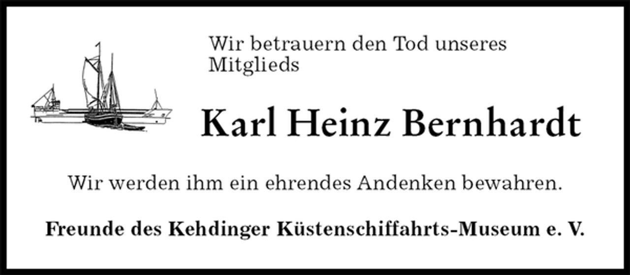 <p>Wir betrauern den Tod unseres<br />Mitglieds<br />Karl Heinz Bernhardt<br />Freunde des Kehdinger Küstenschiffahrts-Museum e. V.<br />Wir werden ihm ein ehrendes Andenken bewahren.</p>