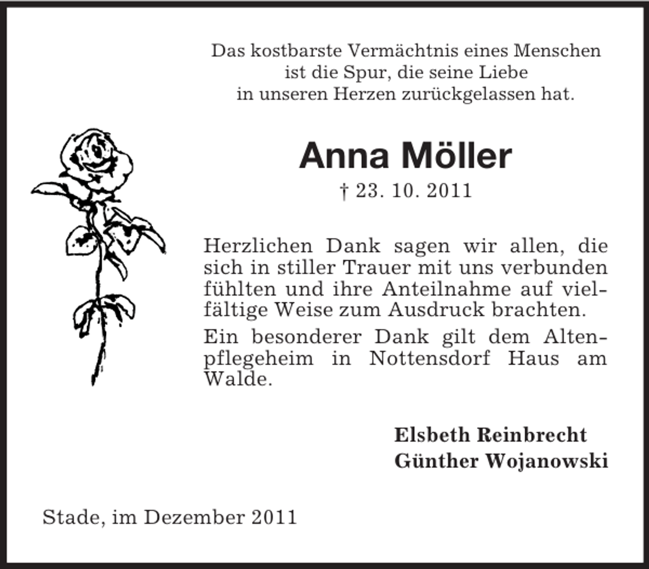 <p>Das kostbarste Vermächtnis eines Menschen<br />ist die Spur, die seine Liebe<br />in unseren Herzen zurückgelassen hat.</p><p>Anna Möller<br />† 23. 10. 2011<br />Herzlichen Dank sagen wir allen, die<br />sich in stiller Trauer mit uns verbunden<br />fühlten und ihre Anteilnahme auf vielfältige Weise zum Ausdruck brachten.<br />Ein besonderer Dank gilt dem Altenpflegeheim in Nottensdorf Haus am<br />Walde.<br />Elsbeth Reinbrecht<br />Günther Wojanowski<br />Stade, im Dezember 2011</p>