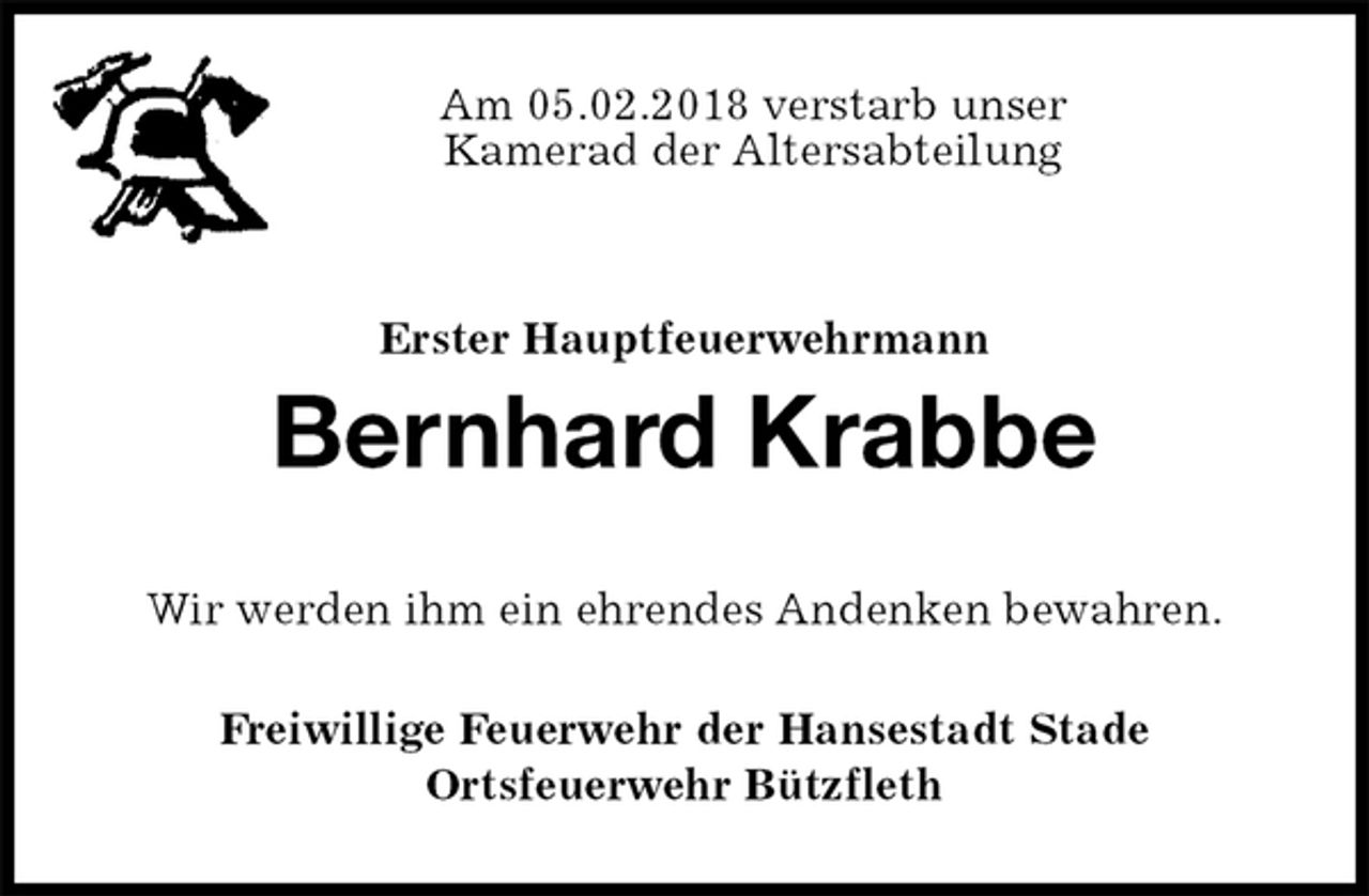 <p>Am 05.02.2018 verstarb unser<br />Kamerad der Altersabteilung<br />Erster Hauptfeuerwehrmann<br />Bernhard Krabbe<br />Wir werden ihm ein ehrendes Andenken bewahren.<br />Freiwillige Feuerwehr der Hansestadt Stade<br />Ortsfeuerwehr Bützfleth</p>