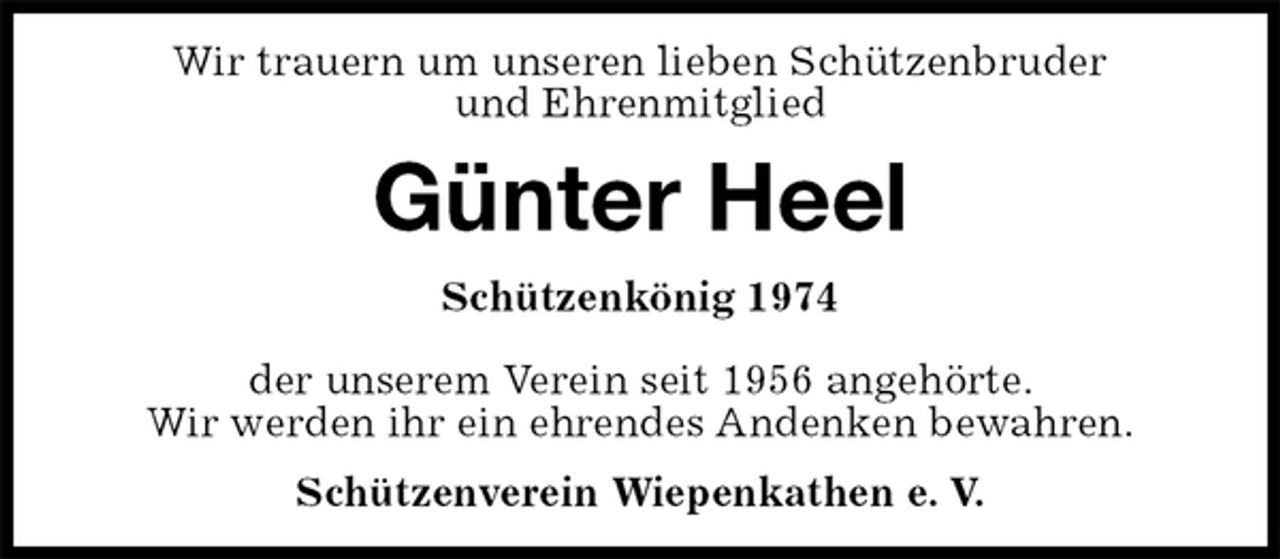 <p>Wir trauern um unseren lieben Schützenbruder<br />und Ehrenmitglied<br />Günter Heel<br />Schützenkönig 1974</p><p>der unserem Verein seit 1956 angehörte.<br />Wir werden ihr ein ehrendes Andenken bewahren.<br />Schützenverein Wiepenkathen e. V.</p>