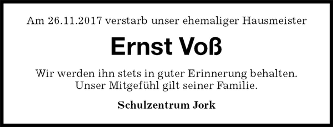 <p>Am 26.11.2017 verstarb unser ehemaliger Hausmeister<br />Ernst Voß<br />Wir werden ihn stets in guter Erinnerung behalten.<br />Unser Mitgefühl gilt seiner Familie.<br />Schulzentrum Jork</p>